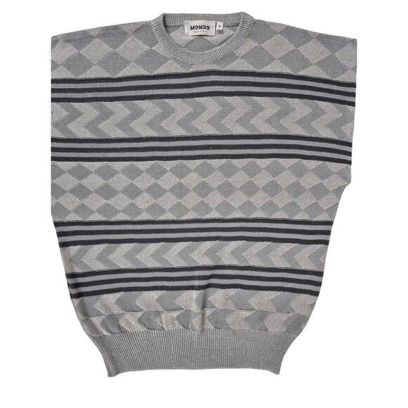 90s Y2K Mondo Italian Mens Sweater Silver/Black Diamond Stripe Zigzag Sz M - Picture 4 of 9